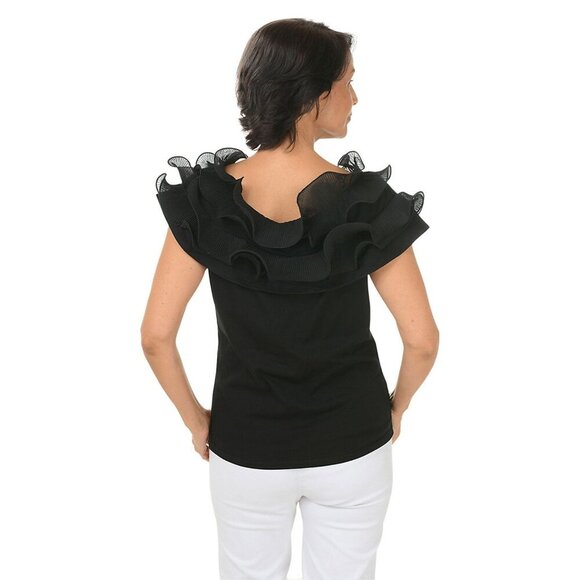 NWT SIONI MILANO BLACK KNIT RUFFLE COLD SHOULDER BLOUSE TOP MEDIUM - Picture 2 of 10